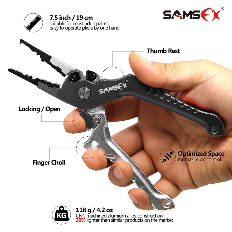 SAMSFX Aluminum Fishing Pliers Hook Remover Braid Line Cutter with Coiled Lanyard, Fly Fishing Knot Tying Tool & Retractors (Silver & Gray Handle, Split Ring Nose) - Image 2
